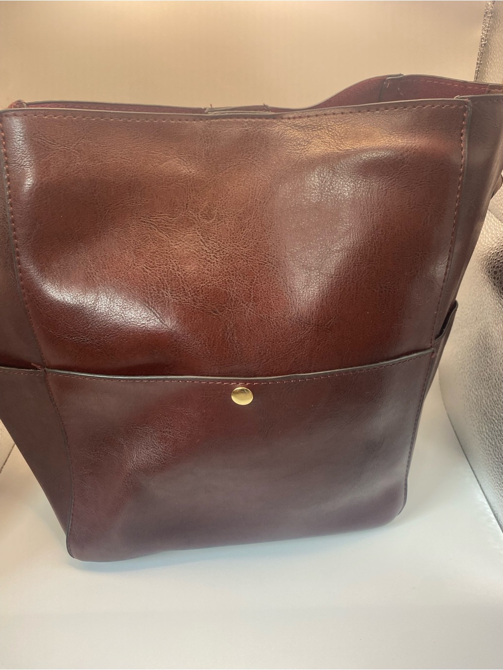 Genuine Leather Burgundy Convertible Hobo Bucket Bag - Picture 4 of 11